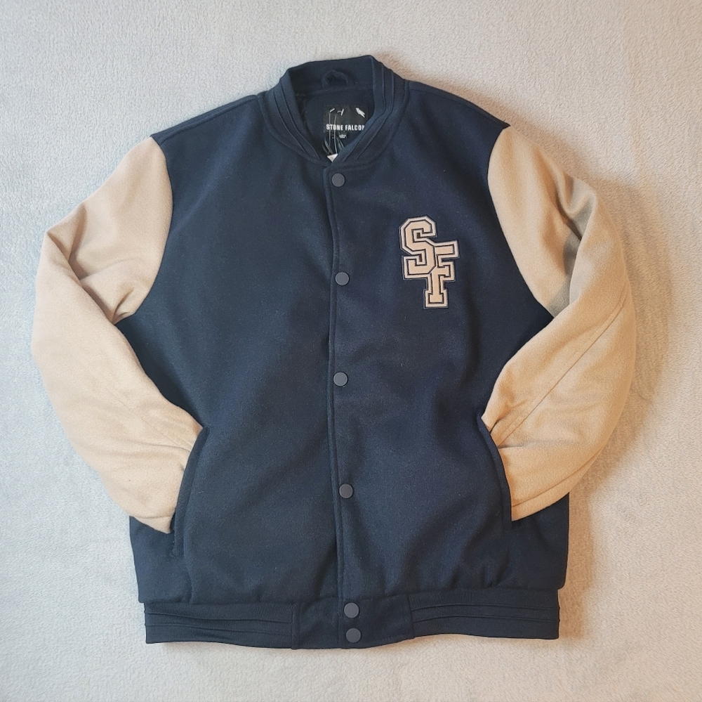 NWT Stone Falcon Navy & Sand Varsity Jacket Men's Large SF Patch